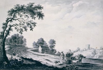 Italiaans landschap met boeren en dieren op een weg door William Beilby